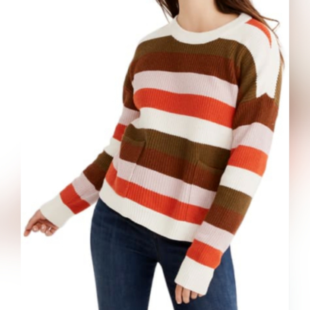 Madewell Striped Crewneck Sweater in White, Orange, Brown, Pink